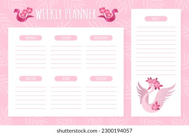 Weekly Planner Design with Pink Swan and Floral Composition Vector Template