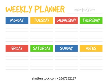 Weekly planner design template vector isolated. Week schedule, printable calendar. Colorful element on banner.