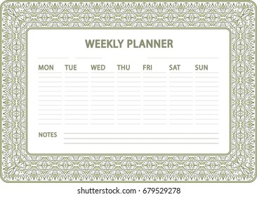 Weekly Planner design. Vector abstract ornamental ethnic frame