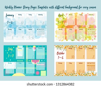 Weekly planner diary with abstract winter, spring, summer and autumn background. For print notebooks, format A5. Cute page for notes. Daily planner calendar template.