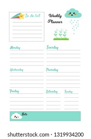 Weekly planner for  diary, notebook. Printable , planner vector illustration on white background,cute cartoon cloud.