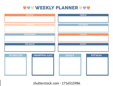 Weekly planner for diary, organiser, notebook. Printable A4 planner. Vector Illustration. 