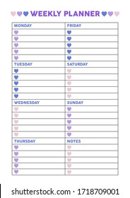 Weekly planner for diary, organiser, notebook with hearts. Printable A4 planner. Vector Illustration. 

