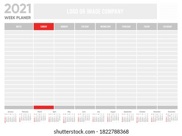 Weekly planner for diary, organiser, notebook with calendar 2021 for companies and private use. Week Starts Sunday. Vector illustration.