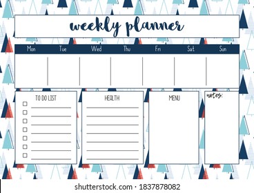 Weekly planner for diary, organiser, notebook. Printable A4 planner. Vector Illustration. 