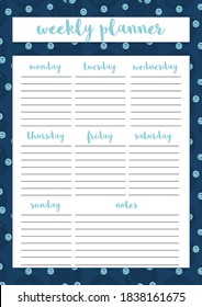 Weekly planner for diary, organiser, notebook. Printable A4 planner. Vector Illustration. 