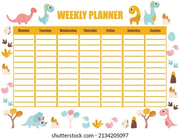 Weekly planner with dino. Kids schedule design template