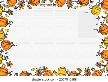 Weekly planner with to do list with autumn decor, orange hot pumpkin 