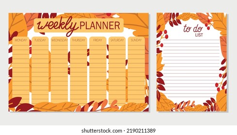 Planificador semanal y para hacer lista con hojas de otoño, página de plantilla, ilustración de vector dibujada a mano de doodle. Concepto de otoño y otoño.	