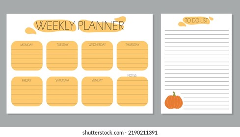 Planificador semanal y para hacer lista con calabaza otoñal, página de plantilla, ilustración de vector dibujada a mano del doodle. Concepto de otoño y otoño.	