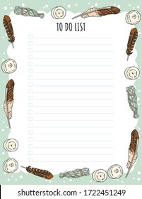 Weekly planner and to do list with candles, feathers and sage smudge sticks doodles. Cozy lagom template for agenda, check lists, and stationary. Printable mock up witch wiccan witchcraft elements