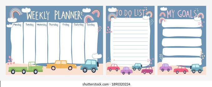 Weekly Planner And To Do List With Cars In Cartoon Style. Kids Schedule Design Template