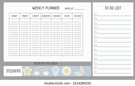 Weekly planner, a to do list and colorful weather-like stickers in a white background