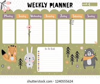 Weekly planner and to do list with cute forest animals. A timetable for elementary school. Vector illustration.