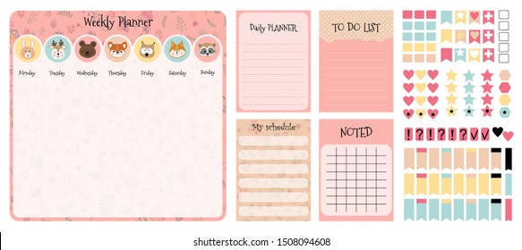 Weekly planner and to do list with cute animals . Vector illustration.