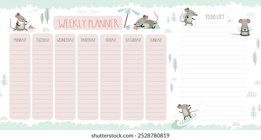 Planificador semanal y para hacer lista con lindas ratas en diferentes poses, adorables animales de la vida silvestre. Elementos y símbolos Doodle. Página de Plantilla. Ilustración vectorial dibujada a mano