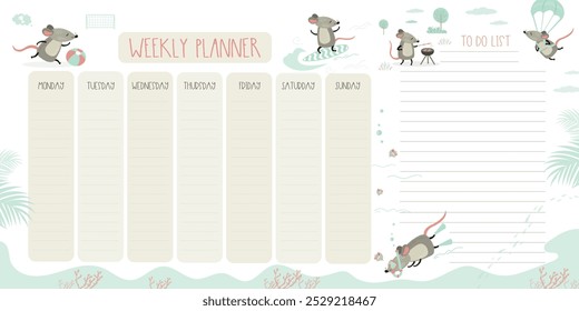 Planificador semanal y lista de cosas que hacer con lindas ratas, adorables animales de la vida silvestre. Anuncio Horizontal, página de Plantilla. Doodle Ilustración vectorial dibujada a mano