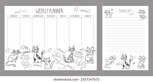 Weekly planner and to do list with cute cats, adorable pets, domestic cas, horizontal banner, doodle vector illustration