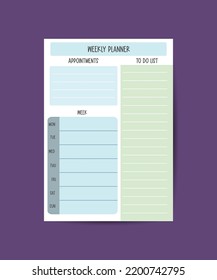 Weekly planner To do list, Notes Wish list on blue and white squared pattern