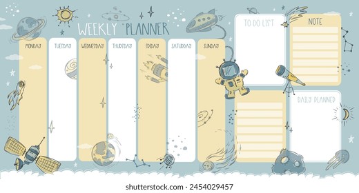 Weekly planner, to do list and notes with spaceships, satellite, comet, astronauts and space objects. Time management. Template page for web, print. Doodle hand drawn design. vector illustration