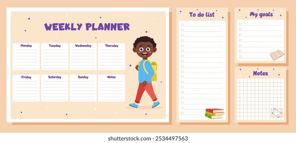 Weekly planner, to do list, notes, goals for children. School timetable, lesson schedule and organizer template with school supplies and schoolboy.