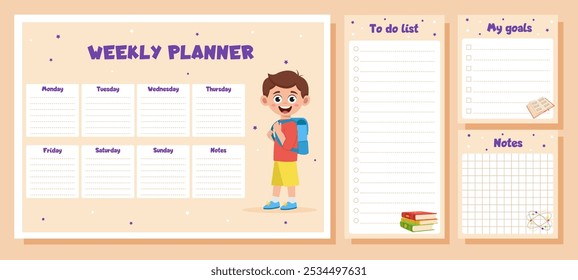 Weekly planner, to do list, notes, goals for children. School timetable, lesson schedule and organizer template with school supplies and schoolboy.