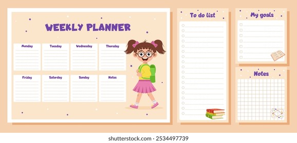 Planificador semanal, lista de tareas, notas, metas para los niños. Horario escolar, horario de clases y Plantilla del organizador con útiles escolares y colegiala.