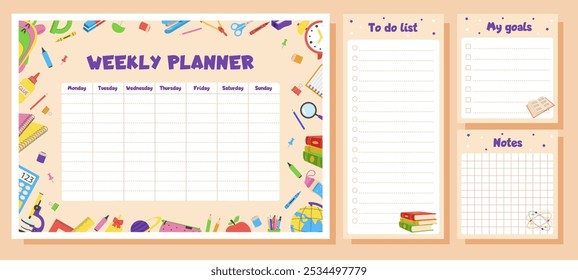 Weekly planner, to do list, notes, goals for children. School timetable, lesson schedule and organizer template with school supplies.