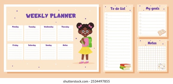 Weekly planner, to do list, notes, goals for children. School timetable, lesson schedule and organizer template with school supplies and schoolgirl.