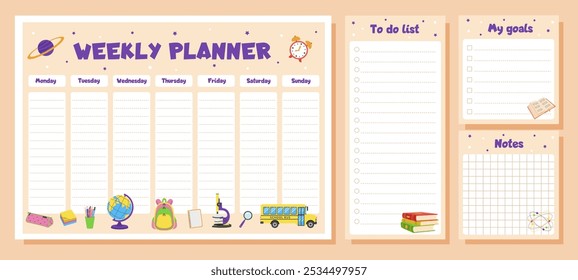 Weekly planner, to do list, notes, goals for children. School timetable, lesson schedule and organizer template with school supplies.