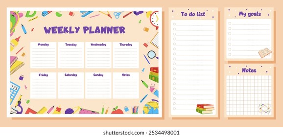 Weekly planner, to do list, notes, goals for children. School timetable, lesson schedule and organizer template with school supplies.