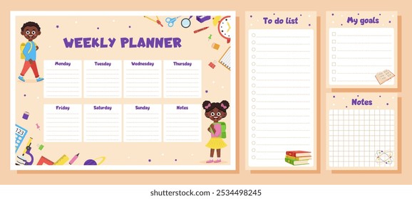 Weekly planner, to do list, notes, goals for children. School timetable, lesson schedule and organizer template with school supplies and schoolchildren.