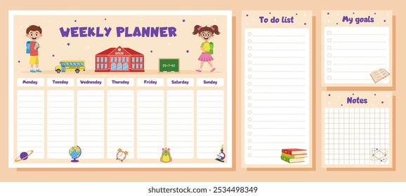 Weekly planner, to do list, notes, goals for children. School timetable, lesson schedule and organizer template with school supplies and schoolchildren.