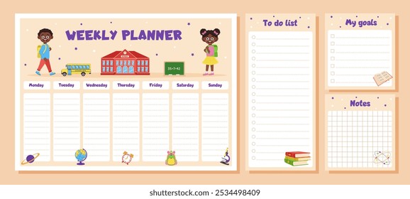 Weekly planner, to do list, notes, goals for children. School timetable, lesson schedule and organizer template with school supplies and schoolchildren.