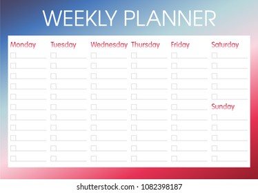 Weekly planner and to do list. Page for notes. Vector page. Gradient.