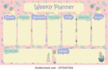 Weekly planner and to do list with a picture of a cactus. Vector.