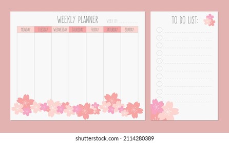 Weekly planner and to do list with sakura flower illustration. Vector.