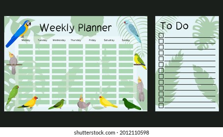 Weekly planner and To do list template with parrots in cute cartoon style. Schedule design for kids. Greens background. Monday to sunday week.