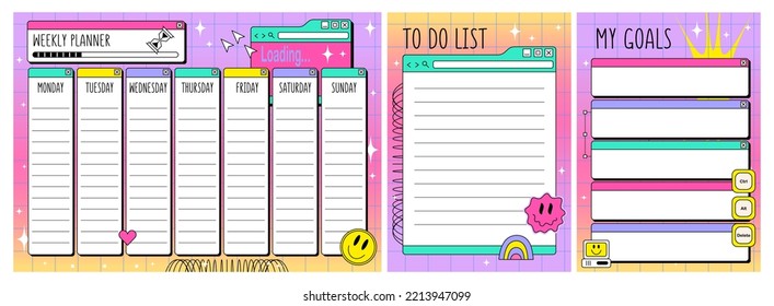 Weekly planner and To Do List  in y2k style. Kids Retrowave schedule design template