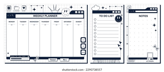 Weekly planner, to do sheet, notes. An empty template for printing. The screen of an old retro PC in the y2k style.