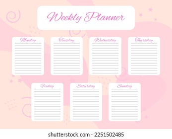 Weekly planner doodle elements on pink background. Schedule design template. To do list for every day of the week. Self organization. Vector illustration