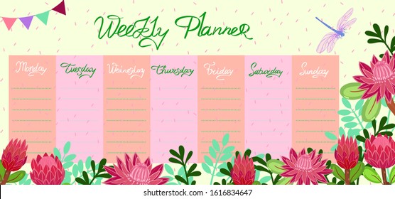 Weekly planner with dragonfly and protea flowers. Vector graphics.