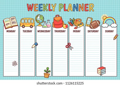 Weekly planner for elementary school. Cute template with  cartoon school objects and symbols on blue background