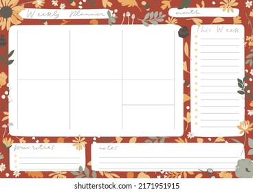 Weekly planner fall floral design. Notes, to do list template design. Decorated by Summer, Autumn flower pattern and trendy lettering. Cute trendy scheduler or organizer. Flat vector cartoon style