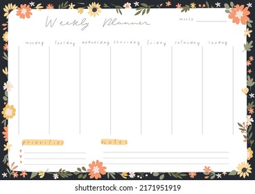 Weekly planner fall floral design. Stylish stationery template design. Decorated by Summer, Autumn flower pattern and trendy lettering. Cute trendy scheduler or organizer. Flat vector cartoon style