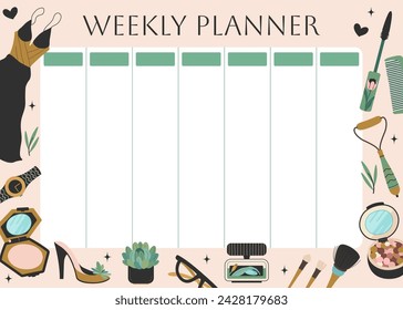 Weekly planner with fashion women's accessories. Beauty and makeup icons backgrounds for notes. Body care products. Cute lifestyle planner is for 7 days. Schedule design template. Vector illustration.