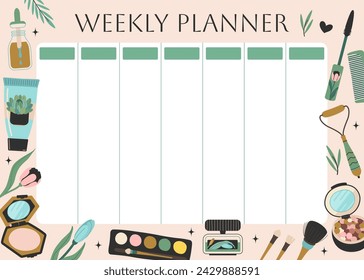 Planificador semanal con accesorios de moda para mujer. Iconos de belleza y maquillaje fondos para notas. Productos para el cuidado corporal. Lindo planificador de estilo de vida es para 7 días. Plantilla de diseño de programación. Ilustración vectorial.