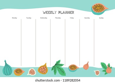 Weekly planner with fig pattern in hand drawn style. For print, office, school. Vector illustration
