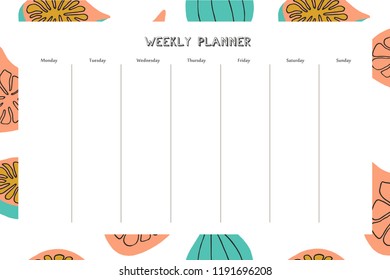 Weekly planner with fig pattern in hand drawn style. For print, office, school. Vector illustration