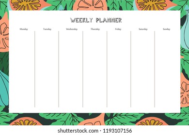 Weekly planner with fig pattern in hand drawn style. For print, office, school. Vector illustration